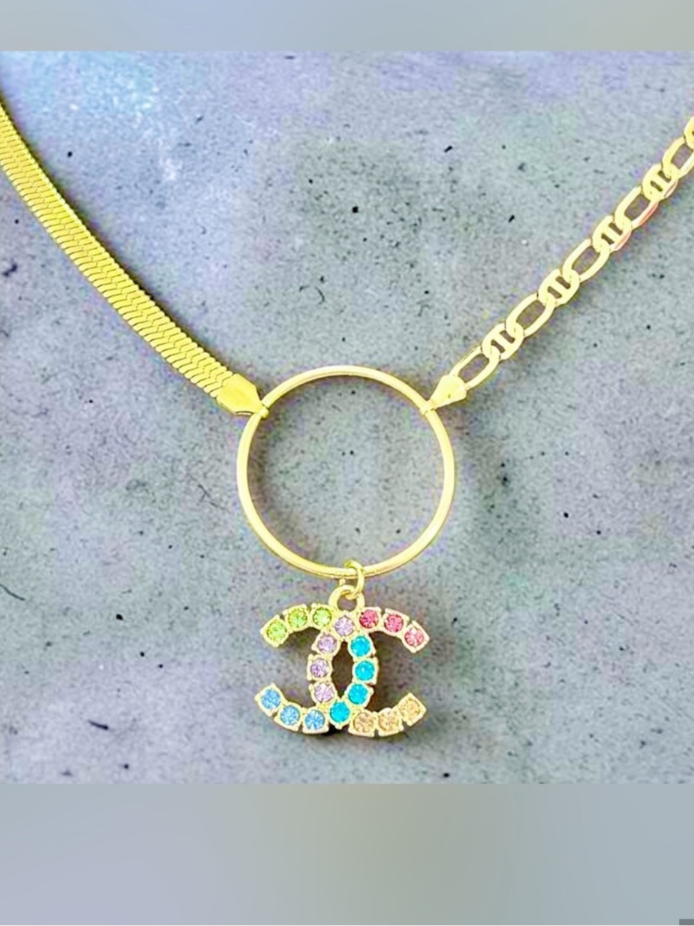 CC LOGO Multicolor Crystal Pendant & Gold Two-Sided Circle Necklace✨NEW✨